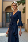 Navy Mermaid Flare Sleeve V-Neck Mother Of The Bride Dress