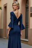 Navy Mermaid Flare Sleeve V-Neck Mother Of The Bride Dress