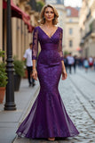 Long Sleeve Purple Mermaid Mother Of The Bride Dress With Appliques