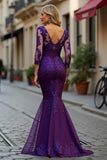 Long Sleeve Purple Mermaid Mother Of The Bride Dress With Appliques