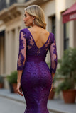 Long Sleeve Purple Mermaid Mother Of The Bride Dress With Appliques