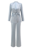 Dusty Blue Satin 2-Piece Women Work Suits With Sash