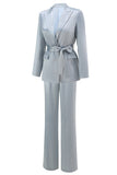 Dusty Blue Satin 2-Piece Women Work Suits With Sash