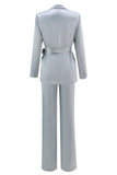 Dusty Blue Satin 2-Piece Women Work Suits With Sash