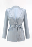 Dusty Blue Satin 2-Piece Women Work Suits With Sash