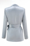 Dusty Blue Satin 2-Piece Women Work Suits With Sash