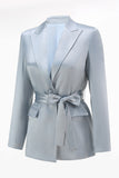 Dusty Blue Satin 2-Piece Women Work Suits With Sash