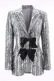 Silver Grey Sequin Peak Lapel Prom Blazer With Bows