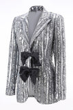 Silver Grey Sequin Peak Lapel Prom Blazer With Bows