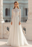 Modest Lace A Line Ivory High Neck Wedding Dress