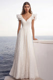 A Line Ivory Long Engagement Dress with Ruffle Sleeves