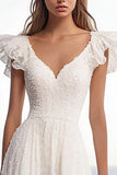 A Line Ivory Long Engagement Dress with Ruffle Sleeves