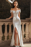 Sparkly Off The Shoulder Mermaid Silver Engagement Dress