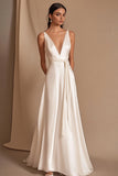 A Line V-Neck Ivory Long Wedding Dress with Sash
