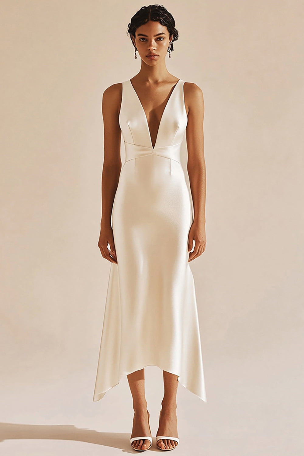 Berylove Women Sheath Engagement Dress V-Neck Ivory Mermaid Satin Midi Dress, Ivory / US22W Berylove Women Sheath Engagement Dress V-Neck Ivory Mermaid Satin Midi Dress, Ivory / US22W