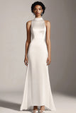 High Neck A Line Ivory Satin Engagement Dress