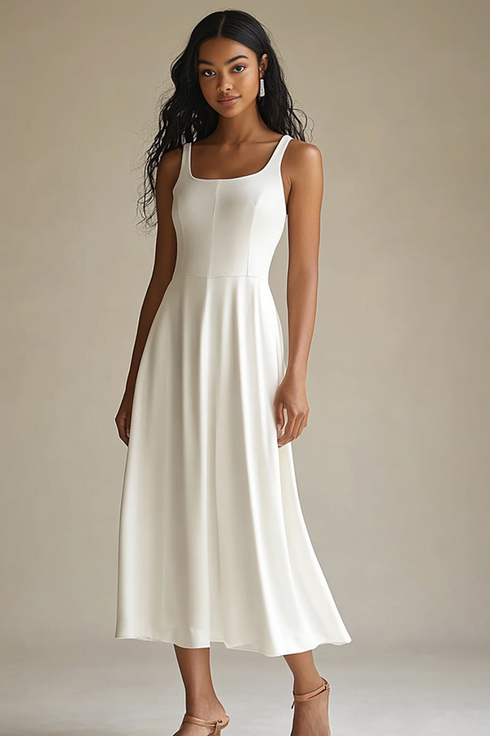 Berylove Women Ivory Graduation Dress A Line Square Neck Midi Dress, Ivory / US8 Berylove Women Ivory Graduation Dress A Line Square Neck Midi Dress, Ivory / US8
