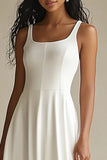 A Line Ivory Square Neck Midi Graduation Dress