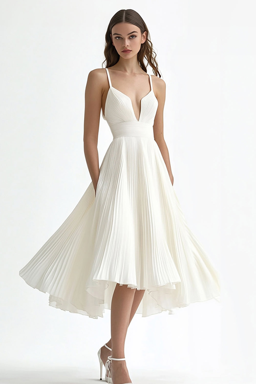Berylove Women Ivory Graduation Dress Spaghetti Straps Pleated A Line Midi Dress, Ivory / US2 Berylove Women Ivory Graduation Dress Spaghetti Straps Pleated A Line Midi Dress, Ivory / US2