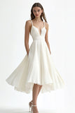 Ivory Pleated A Line Spaghetti Straps Midi Graduation Dress