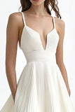 Ivory Pleated A Line Spaghetti Straps Midi Graduation Dress
