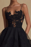 Cute A-Line Spaghetti Straps Little Black Dress With Appliques