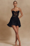 Flowy A-Line Spaghetti Straps Chiffon Little Black Dress With Appliques