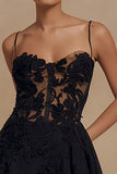 Flowy A-Line Spaghetti Straps Chiffon Little Black Dress With Appliques