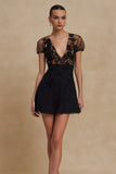 A-Line V-Neck Black Mini Dress With Appliques