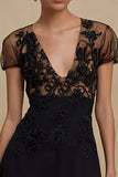A-Line V-Neck Black Mini Dress With Appliques