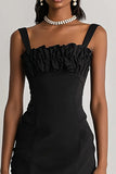 Fitted Spaghetti Straps Little Black Dress With Ruffles
