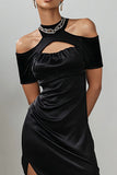 Halter Cut-Out Bodycon Little Black Dress With Slit