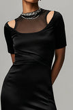 Bodycon Illusion Neck Black Cocktail Dress With Slit