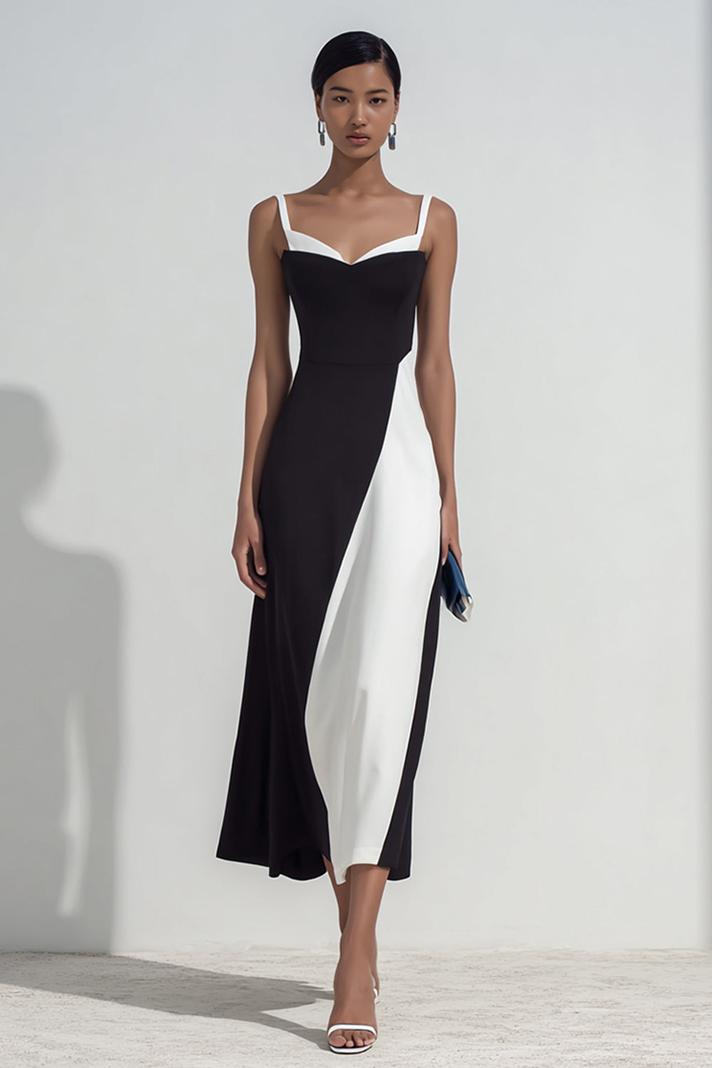 Berylove Women Black and White Dress Simple Spaghetti Straps Sheath Midi Dress, Black and White / US12 Berylove Women Black and White Dress Simple Spaghetti Straps Sheath Midi Dress, Black and White / US12