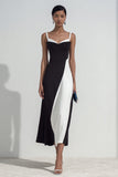 Simple Sheath Spaghetti Straps Midi Black and White Dress