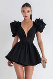 A-Line V-Neck Black Mini Dress with Ruffles