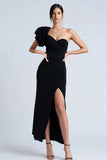 One Shoulder Sheath Black Tie Dress With Slit