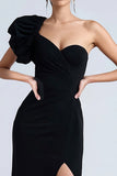 One Shoulder Sheath Black Tie Dress With Slit