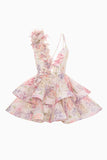 Pink Flower Asymmetrical Neck A Line Homecoming Dress