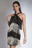 Halter Black Silver Sheath Fringed Homecoming Dress