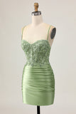 Bodycon Ruched Sage Green Homecoming Dress with Appliques