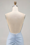 Blue Beaded Spaghetti Straps Backless Bodycon Homecoming Dress