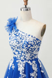 Royal Blue A Line Tulle One Shoulder Homecoming Dress with Lace Up Back