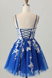 Royal Blue Tulle Spaghetti Straps A Line Homecoming Dress with Appliques