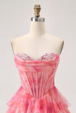 Printed Red Tiered Corset A Line Homecoming Dress