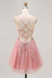 Blush Sequin A Line Tulle Homecoming Dress with Lace Up Back
