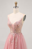Blush Sequin A Line Tulle Homecoming Dress with Lace Up Back