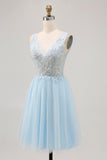 Glitter A Line V Neck Blue Homecoming Dress with Beading