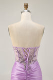 Lilac Bodycon Appliqued Strapless Homecoming Dress with Lace Up Back