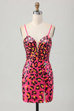 Fuchsia Bodycon Spaghetti Straps Sequin Homecoming Dress with Slit